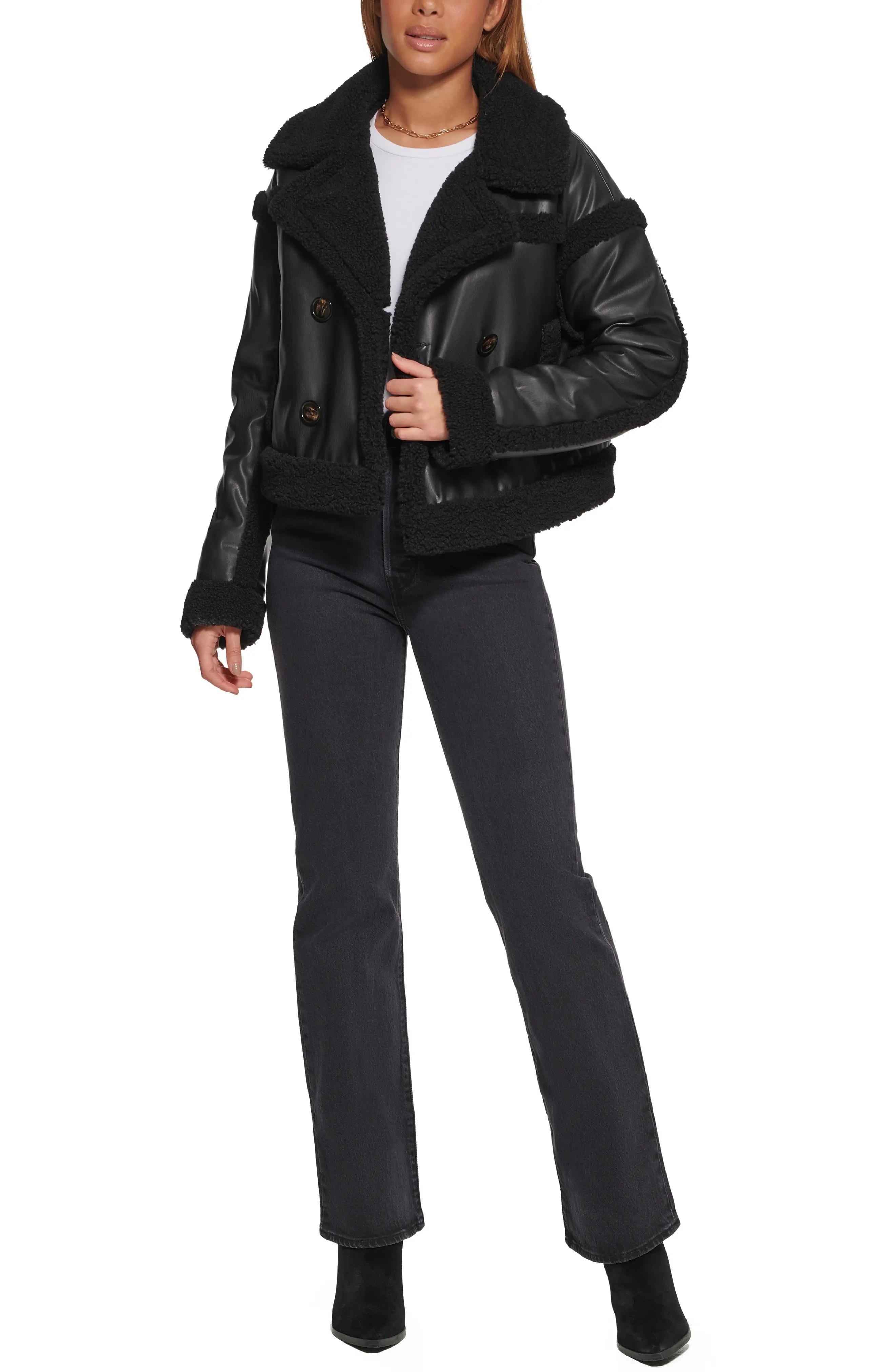 Shortie High Pile Fleece Trim Faux Leather Jacket - 5