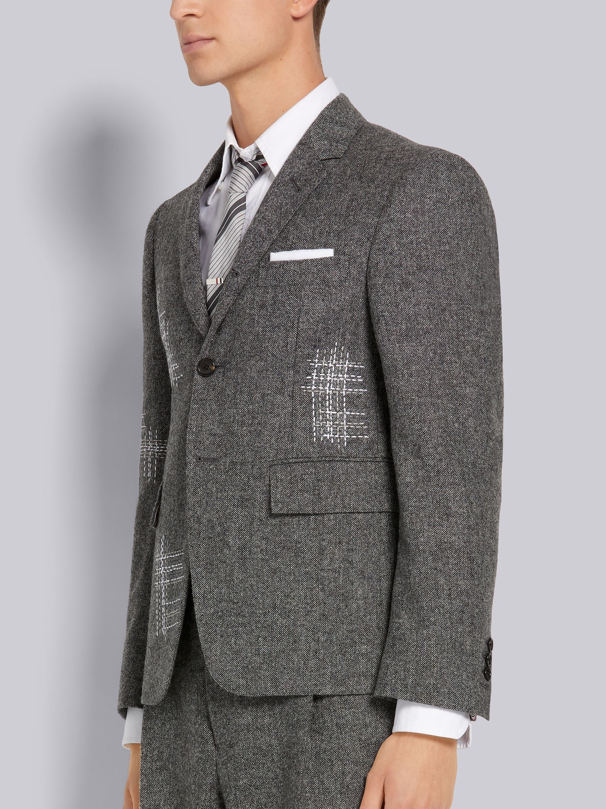 Medium Grey Donegal Tweed Mending Stitch Embroidery Classic Sport Coat - 2