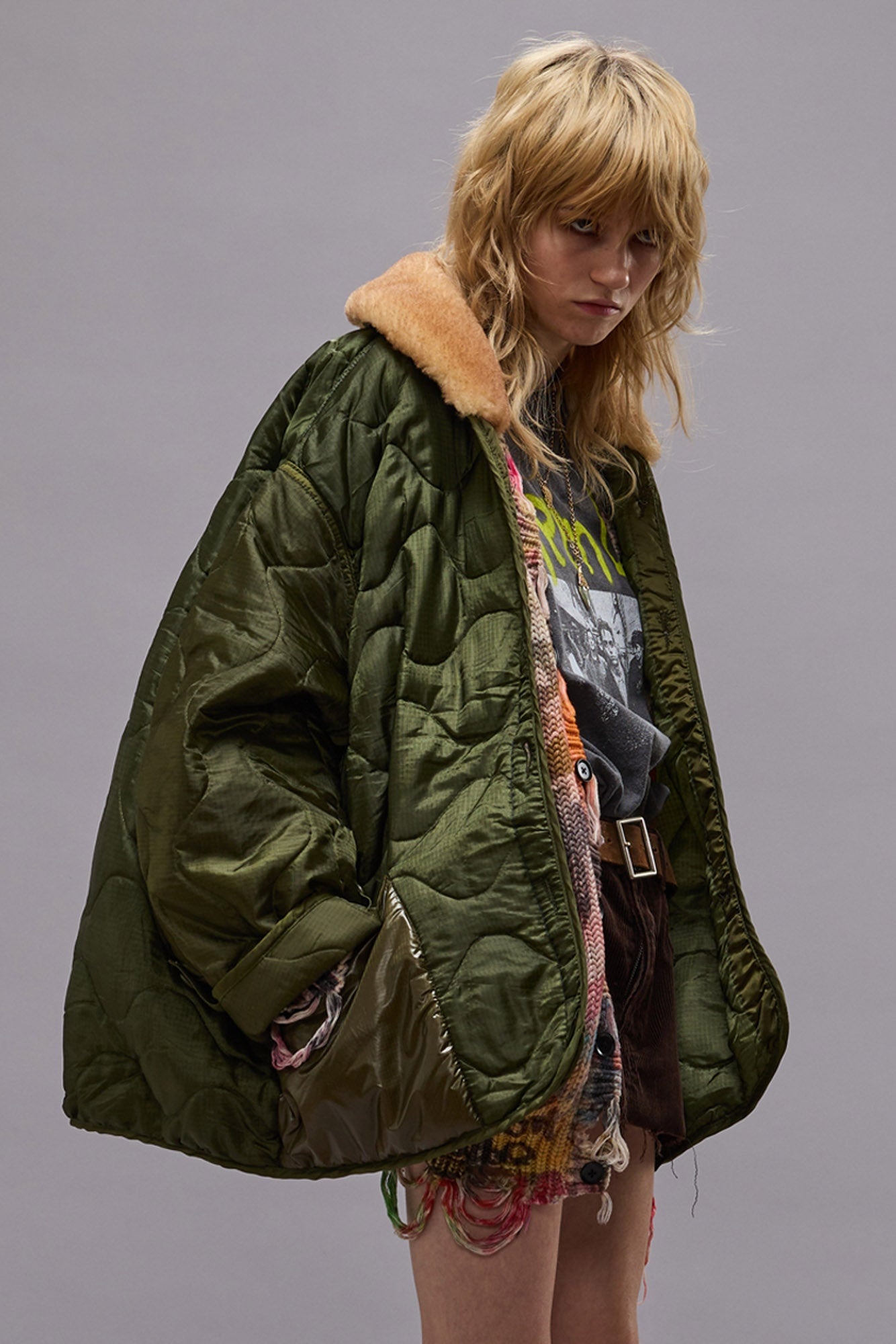 REFURBISHED LINER WITH SHEARLING SHAWL COLLAR - OLIVE - R13 - 2
