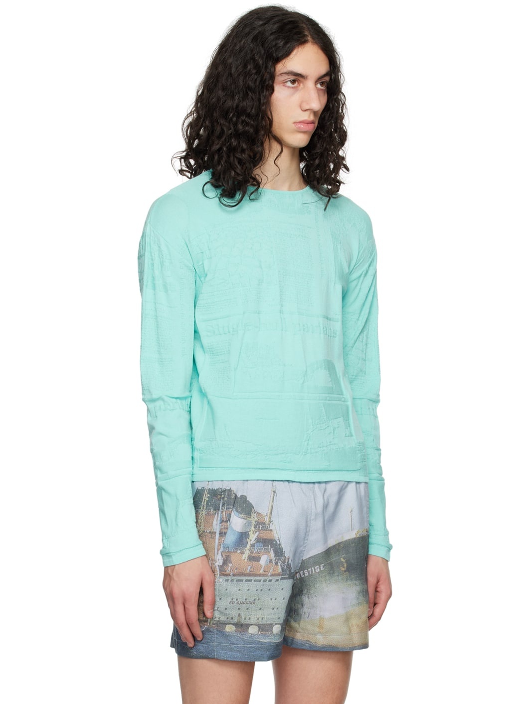 Blue Embossed Long SleeveT-Shirt - 2