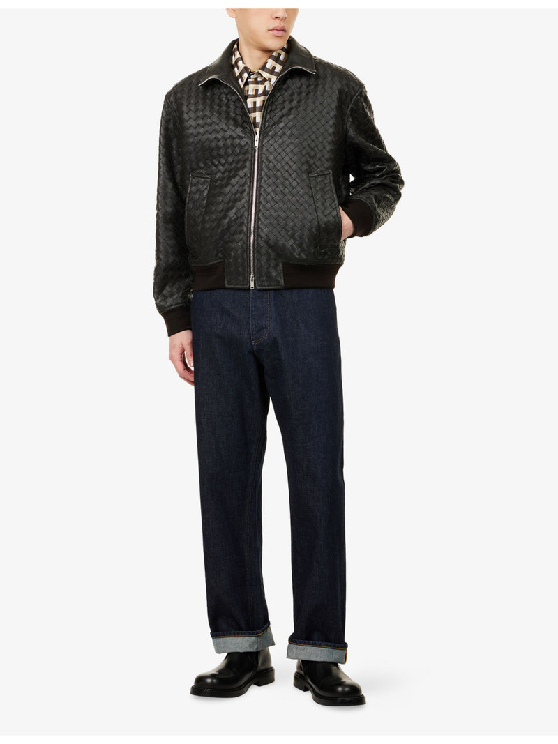Bottega Veneta Intrecciato Funnel-Neck Leather Jacket outlook