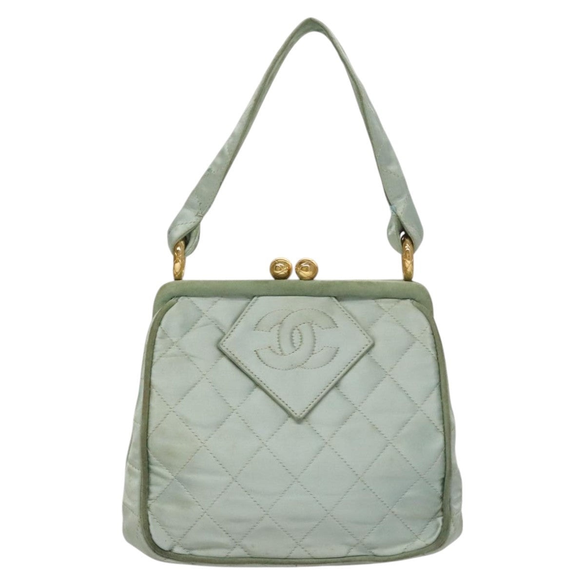 CHANEL Matelasse Hand Bag Satin Green CC - 13