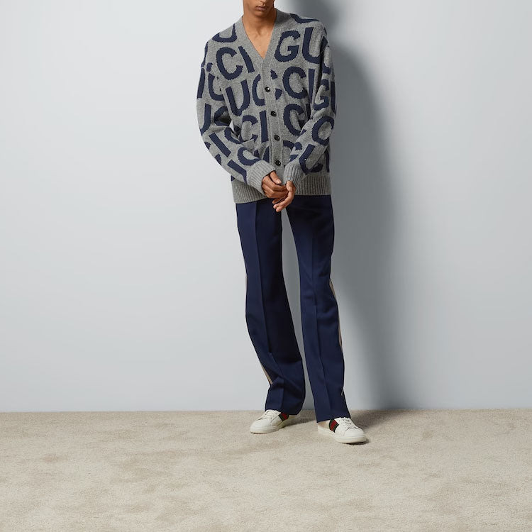 Gucci Wool Cardigan With Gucci Intarsia 'Grey Bue' 771707-XKDLV-1140 - 2