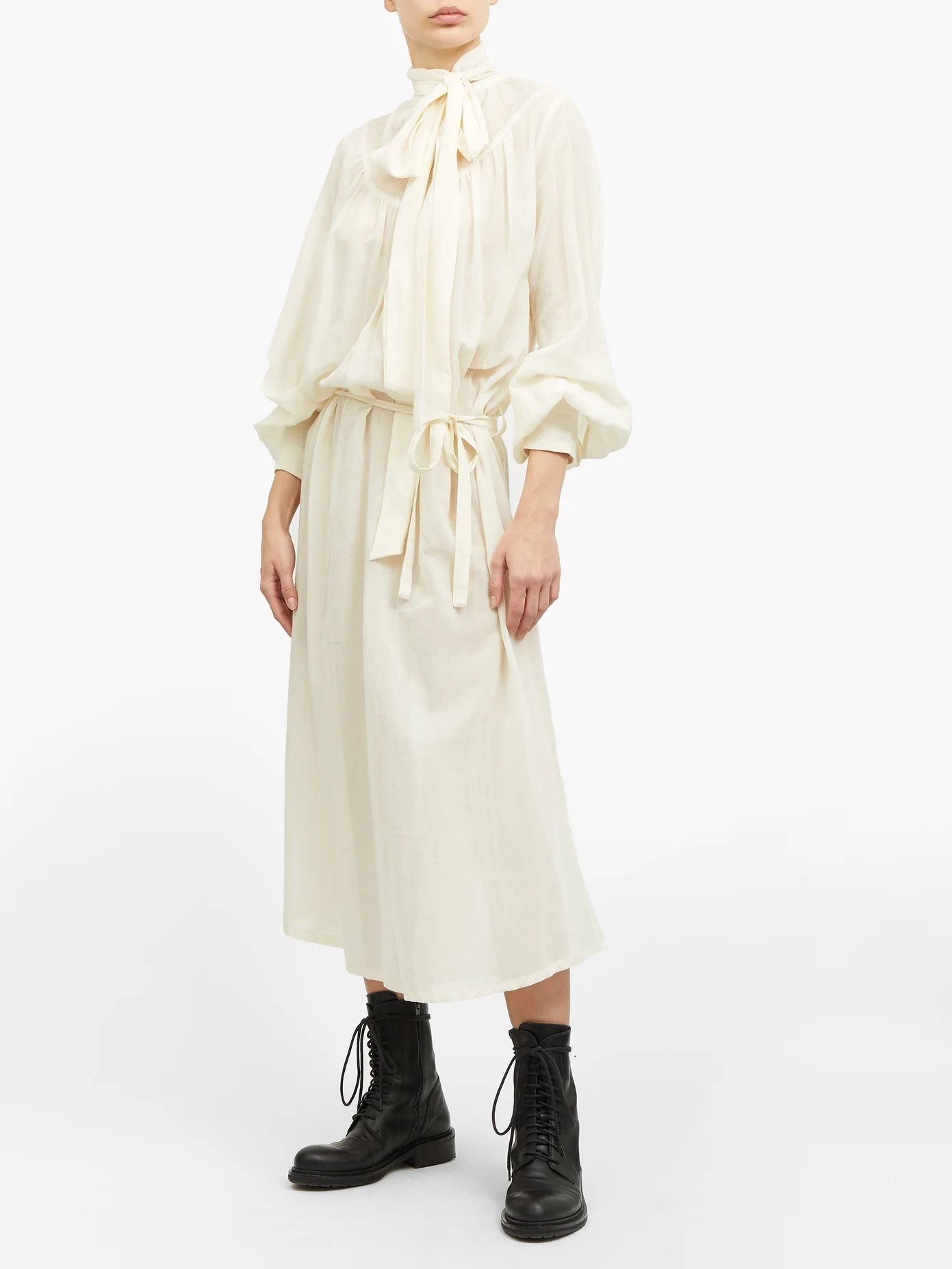 Tie-neck balloon-sleeve voile midi dress - 2