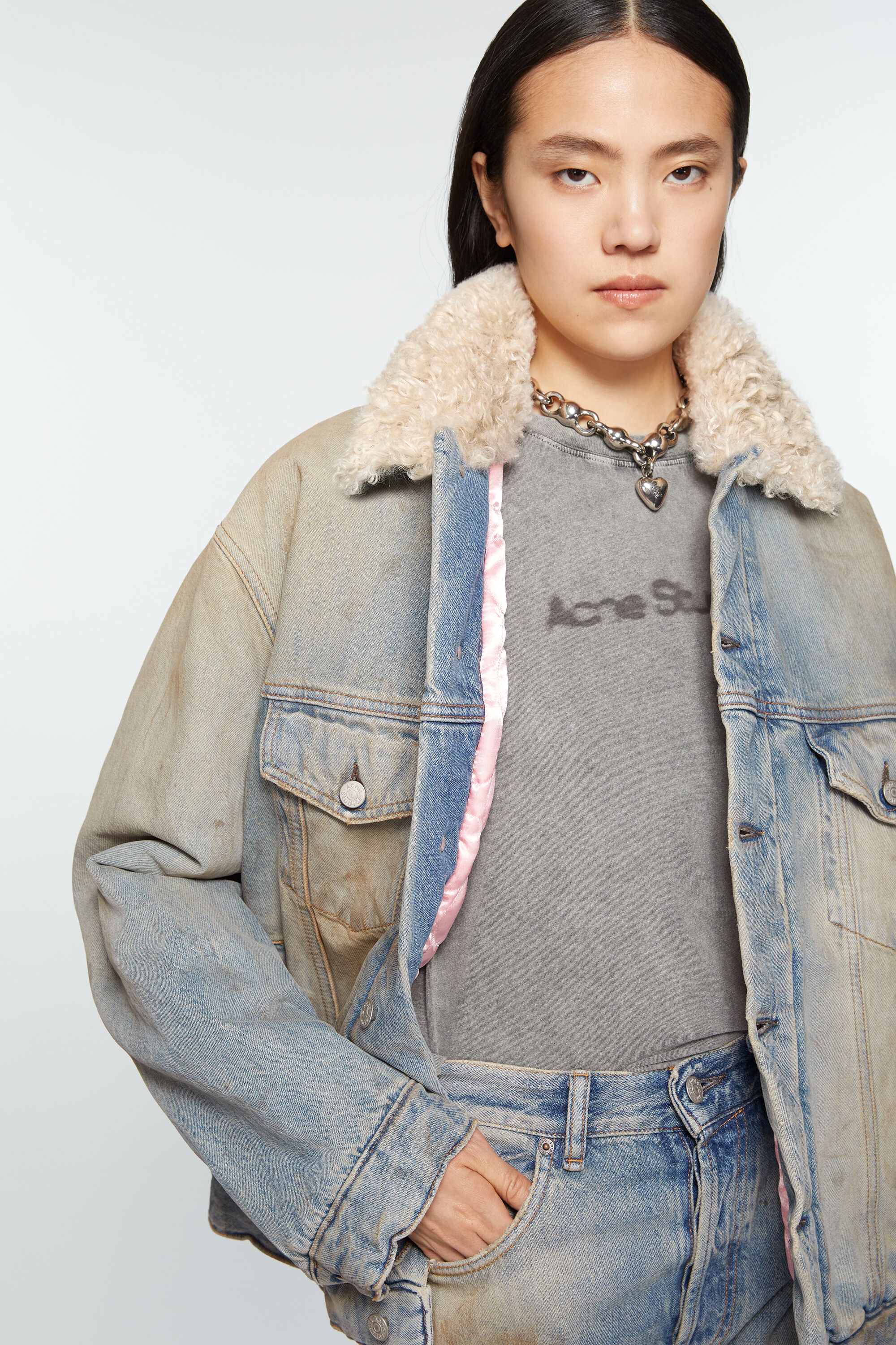 Denim fur trim jacket - Oversized fit - Mid blue - 6