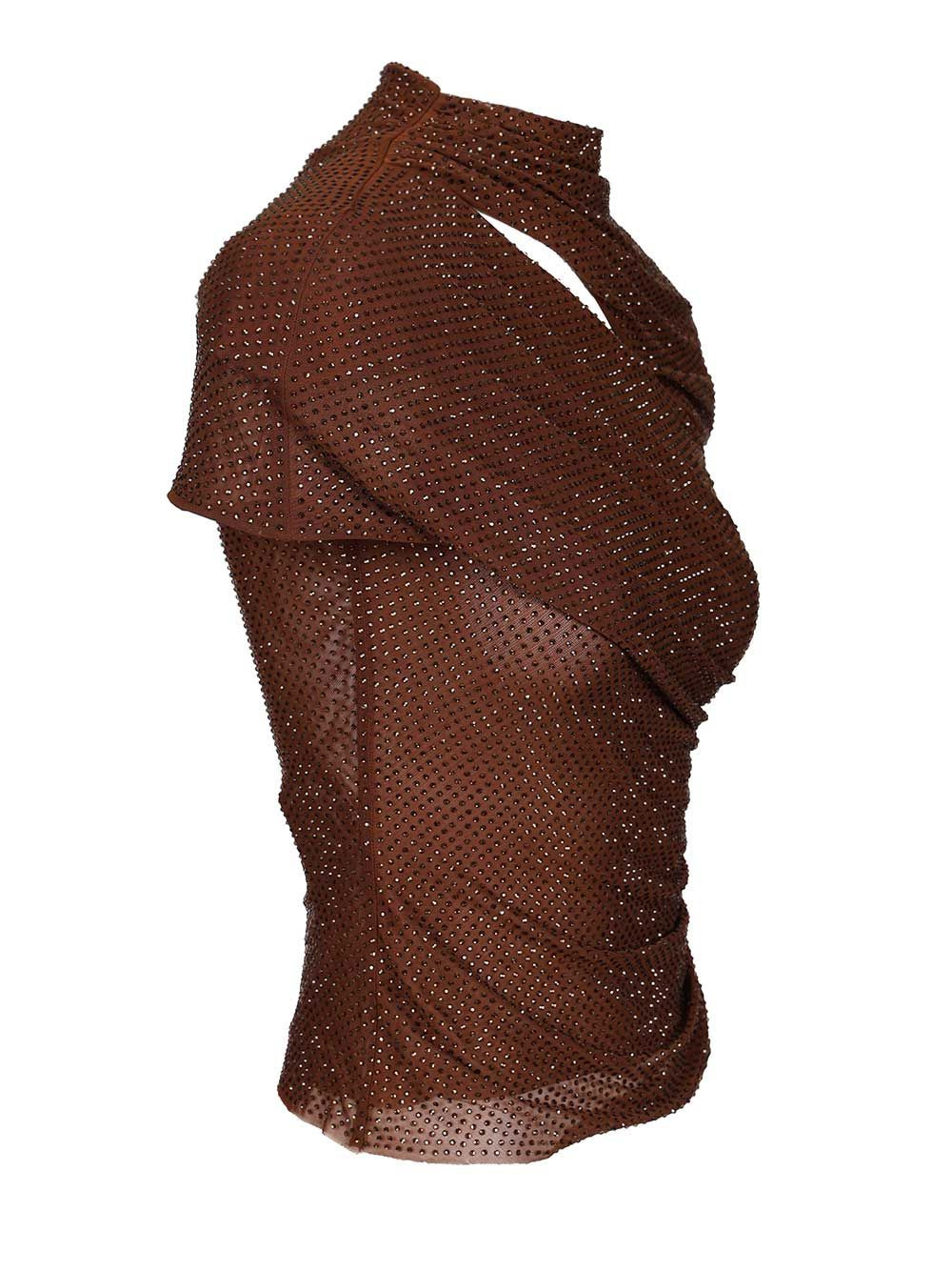 Brown Rhinestone Mesh Cut Out Top Tops Brown - 3