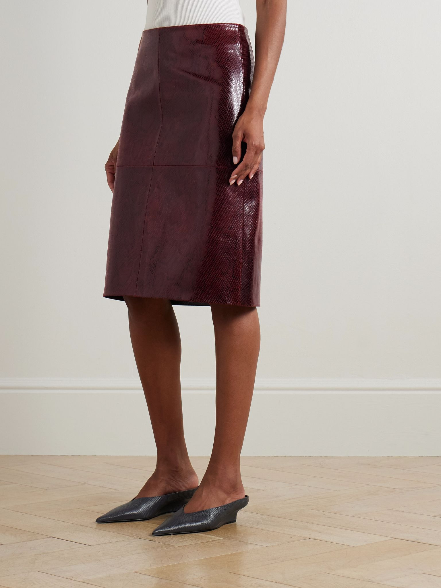 Paneled snake-effect patent-leather midi skirt Burgundy - 3