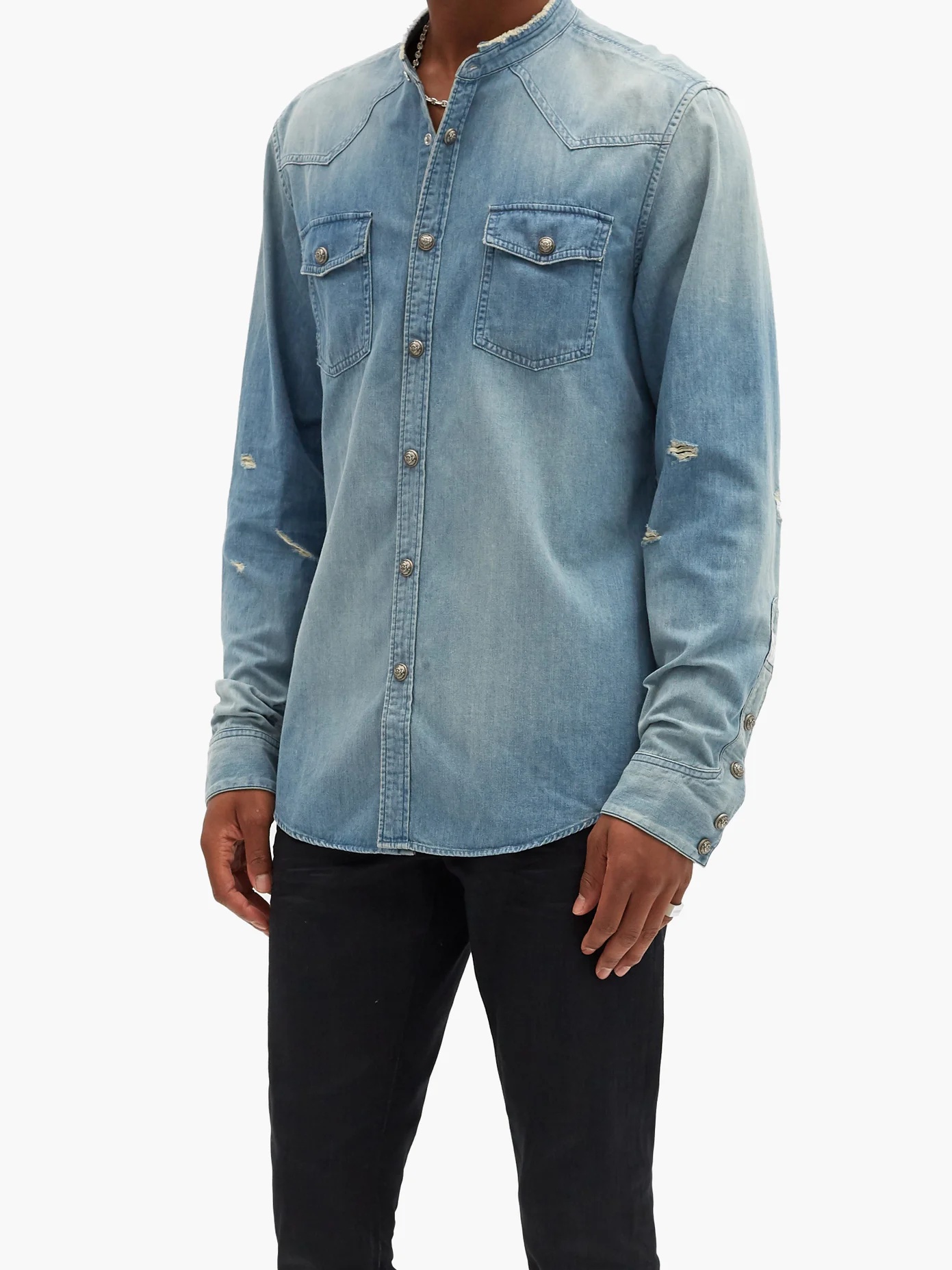 Logo-print distressed denim shirt - 2