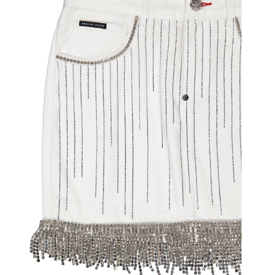 Philipp Plein White Crystal Fringe Denim Skirt - 7