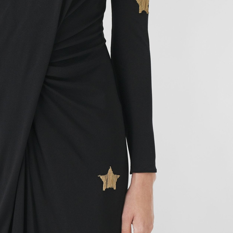 Long-sleeve Star Motif Gathered Silk Viscose Dress 5