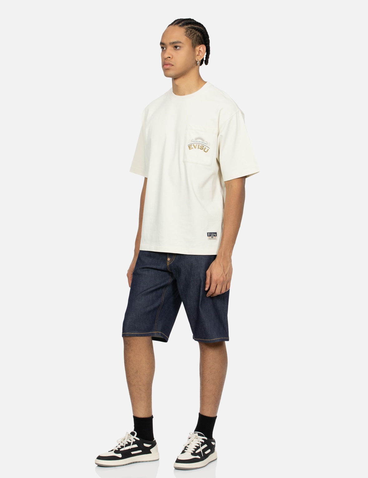 THE GREAT WAVE AND KOI SEAGULL EMBROIDERY RELAX FIT DENIM SHORTS - 4