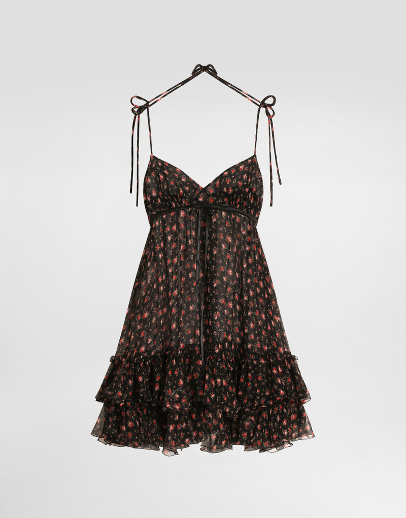 Small rose-print short chiffon dress 1