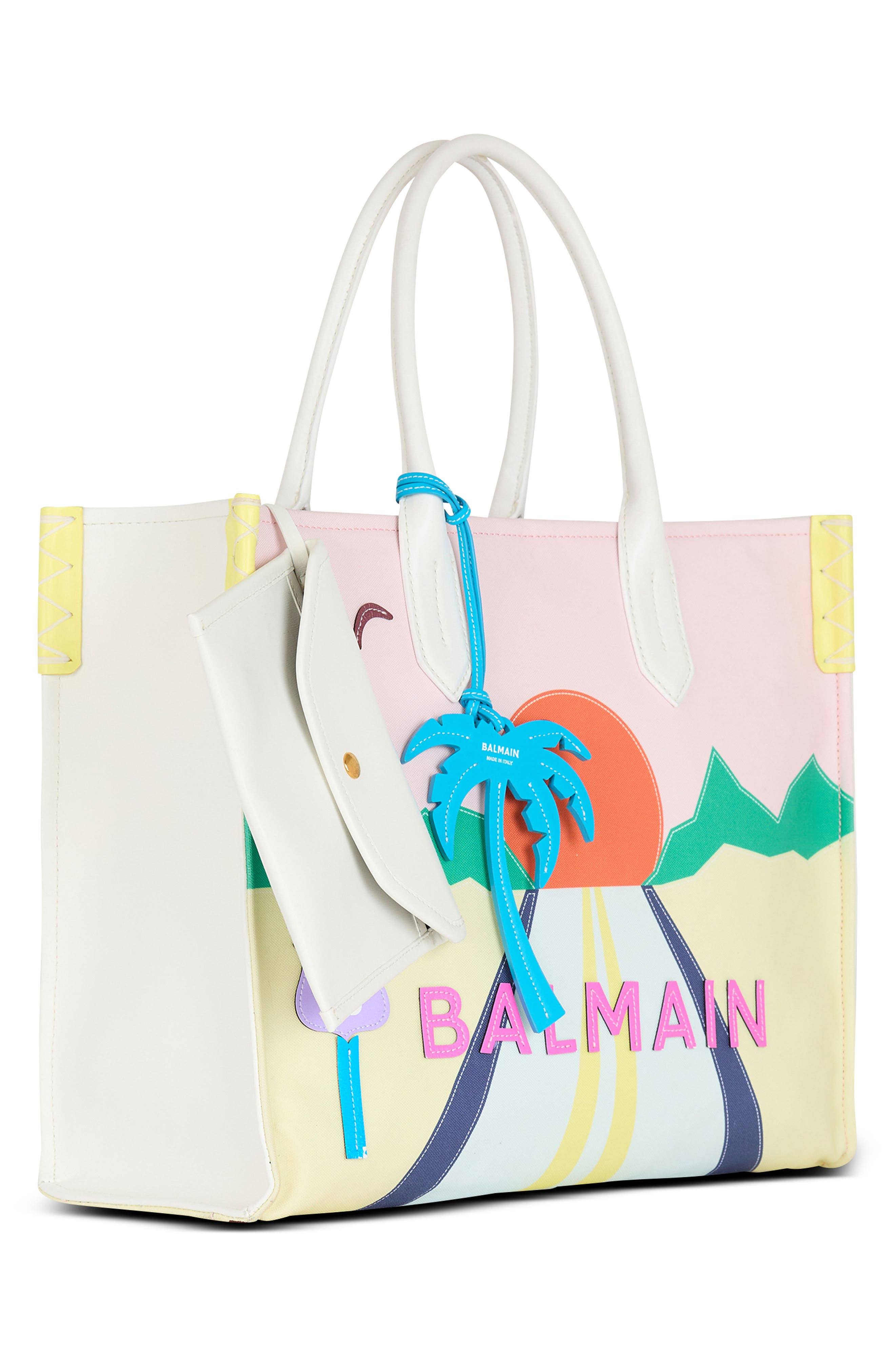 Balmain Medium B-Army Postcard Print Leather & Canvas Shopper Tote in White Multi at Nordstrom - 4