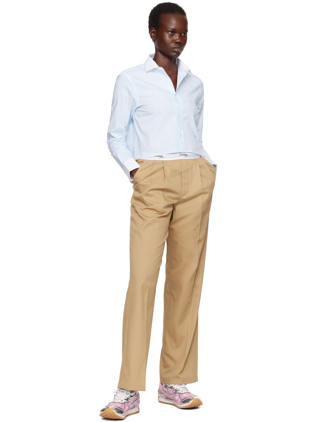 Beige Pleated Elastic Waistband Trousers - 4