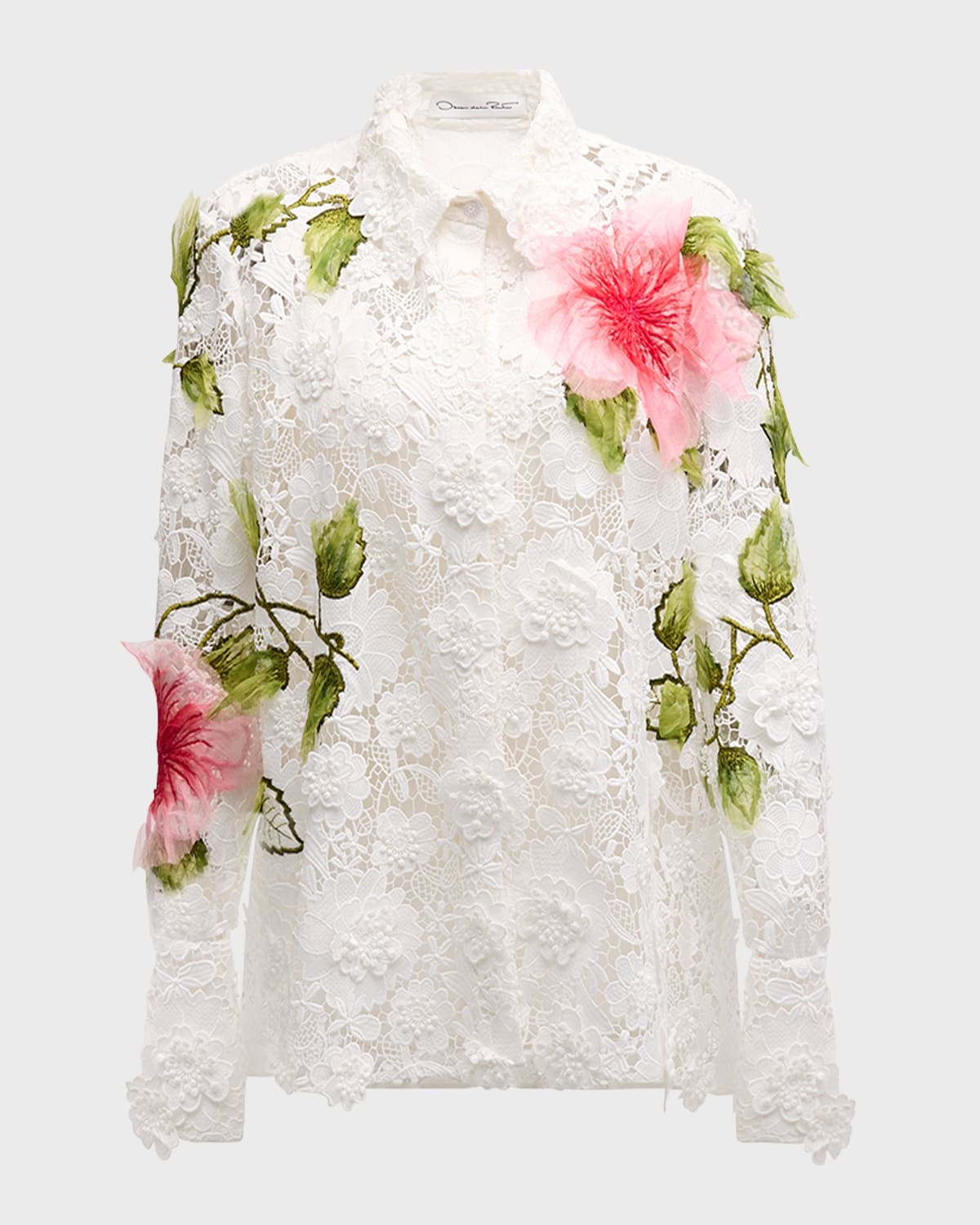 Hibiscus Embroidered Long-Sleeve Floral Guipure Collared Top - 1