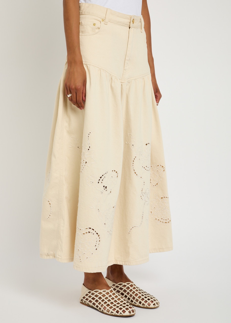 Ganni Embroidered Denim Midi Skirt - 2