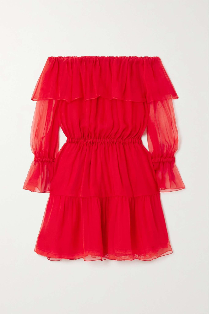 Ruffled off-the-shoulder silk-chiffon mini dress 1