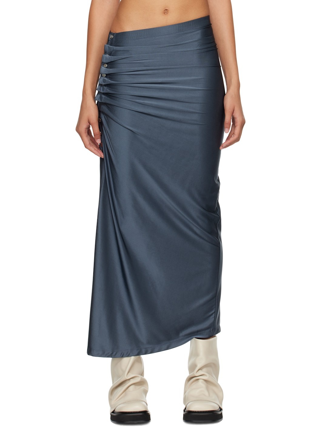 Gray Drapé Pression Midi Skirt - 1