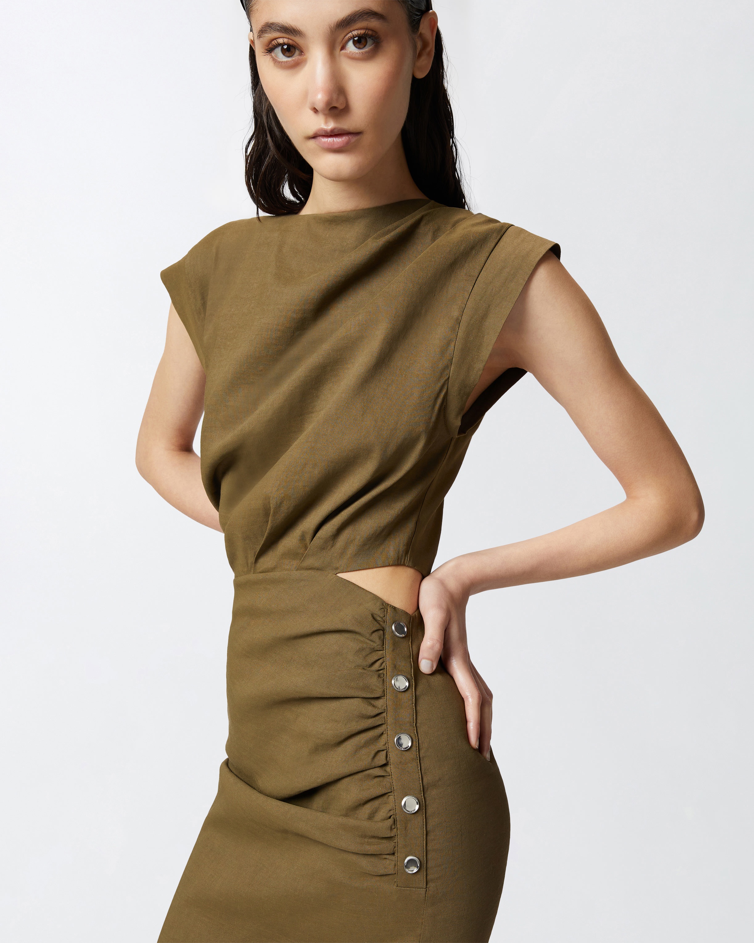BUTTONED SLEEVELESS LINEN DRESS - 5