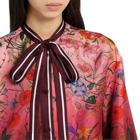 Printed silk shirt with neck bow - 5