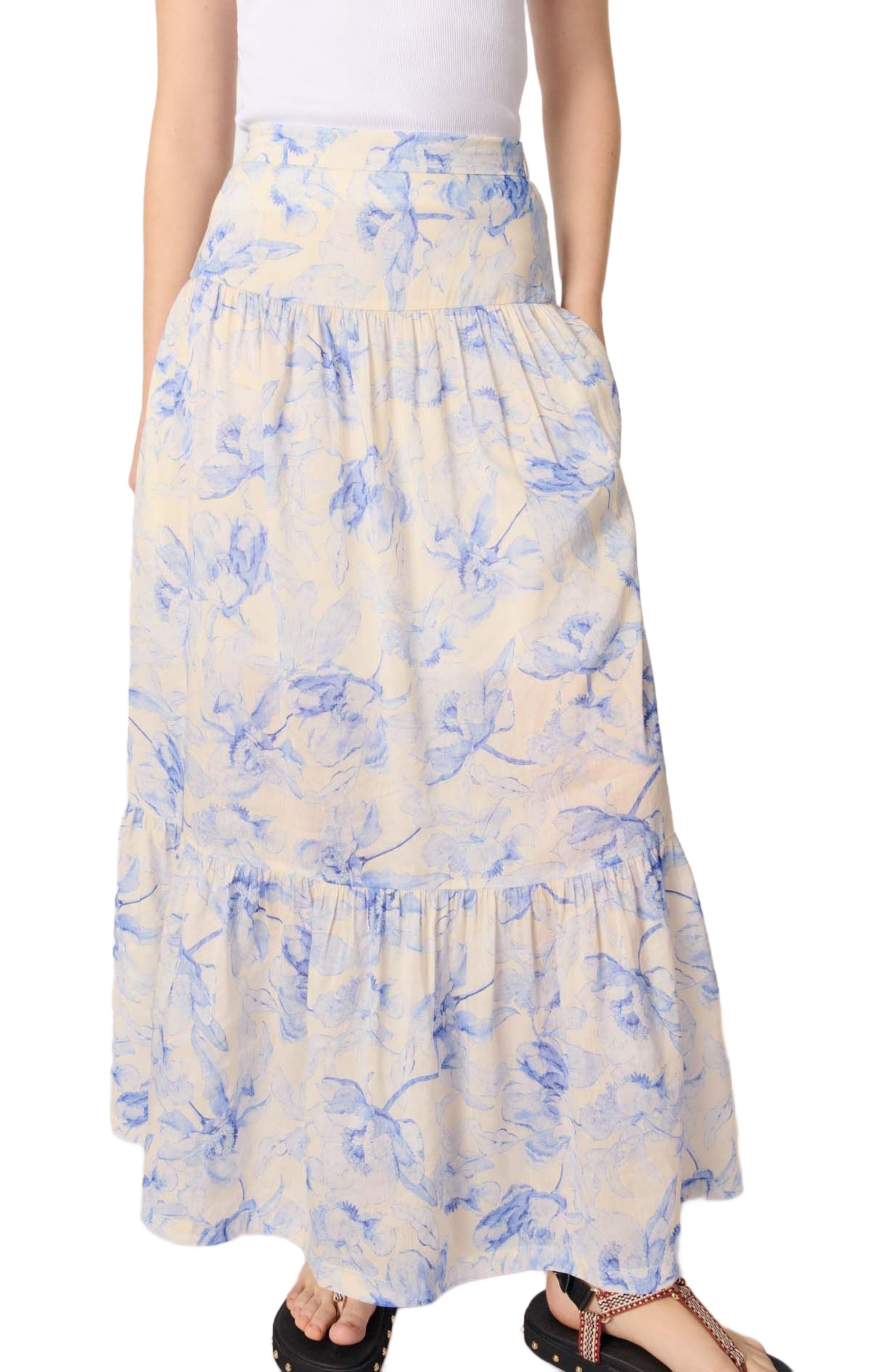 maje Floral maxi skirt in Blue Flower Print Ecru Base at Nordstrom - 5
