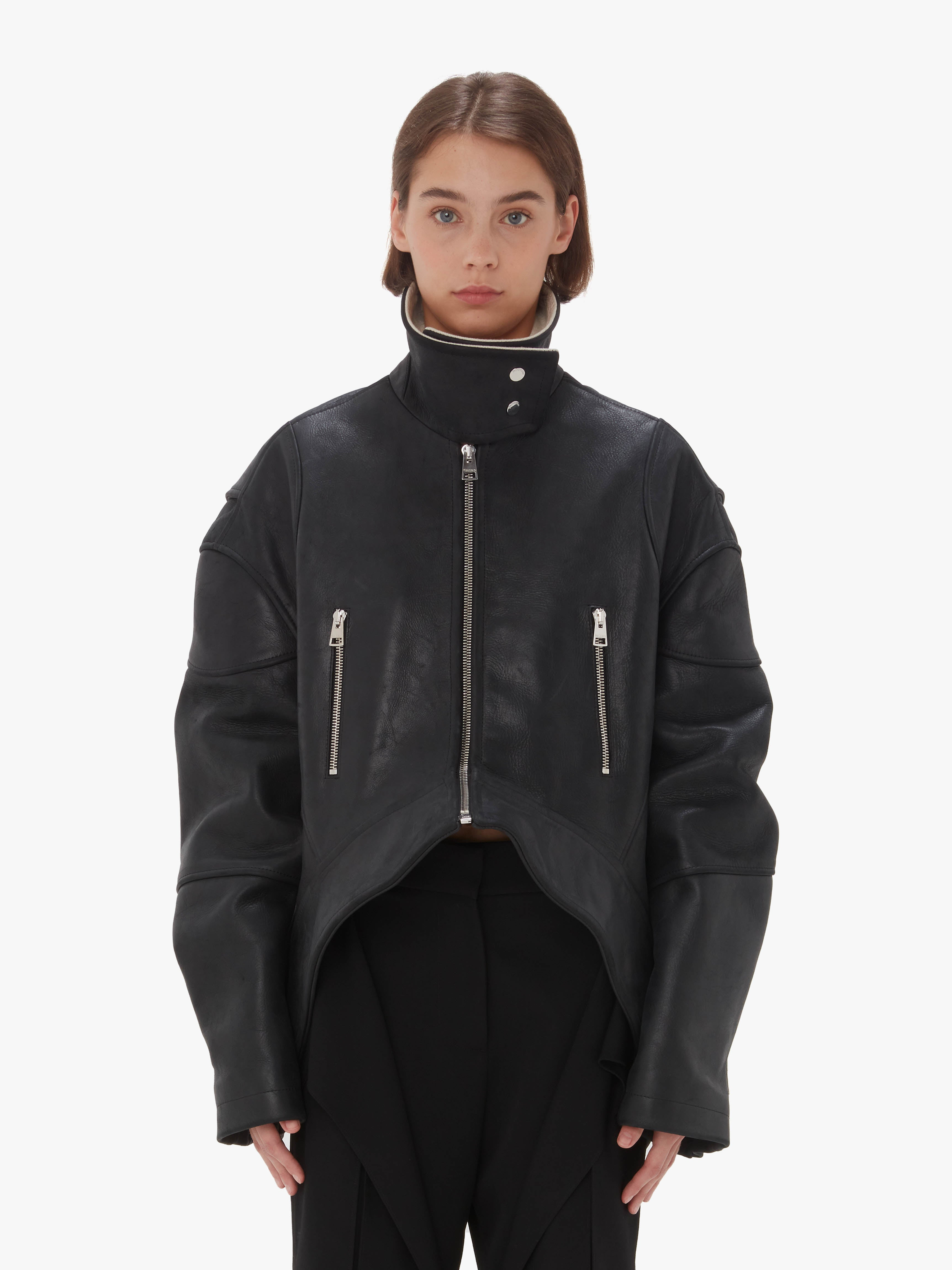 CURVED LEATHER HEM HIGH NECK JACKET - 2