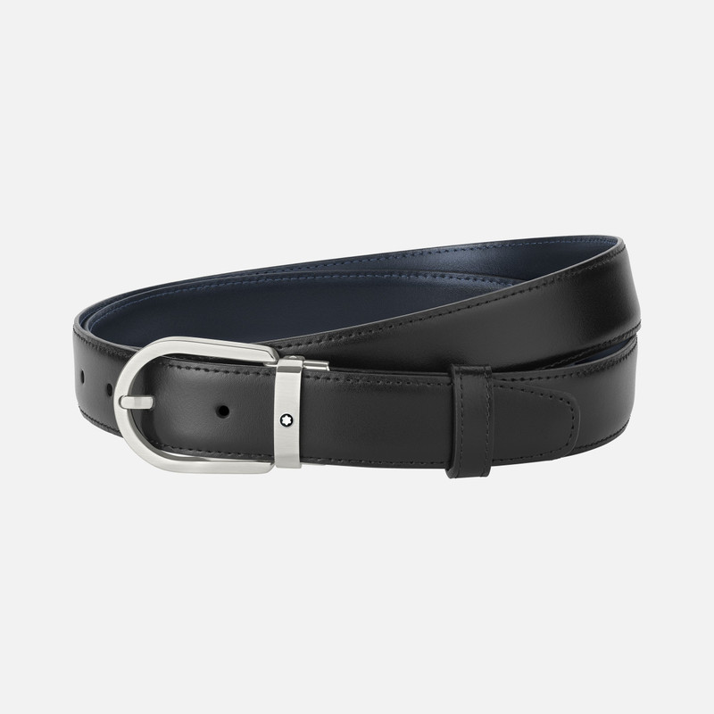 Horseshoe buckle black/blue 32 mm reversible leather belt 1