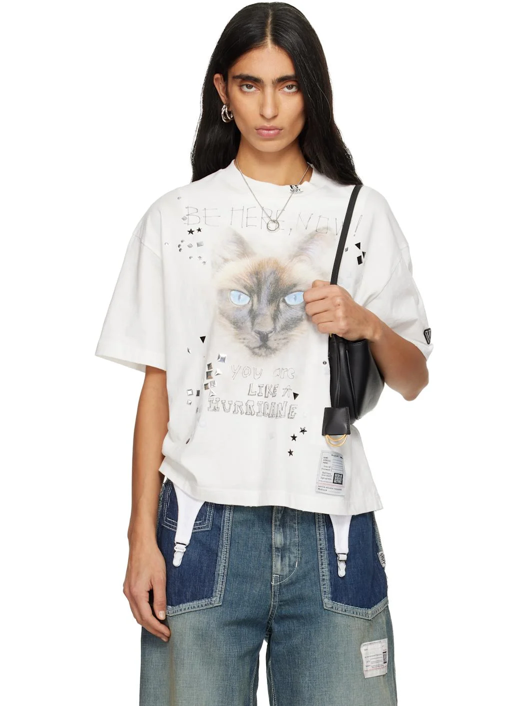 White Cat Printed Embellished Distressed T-shirt - 1