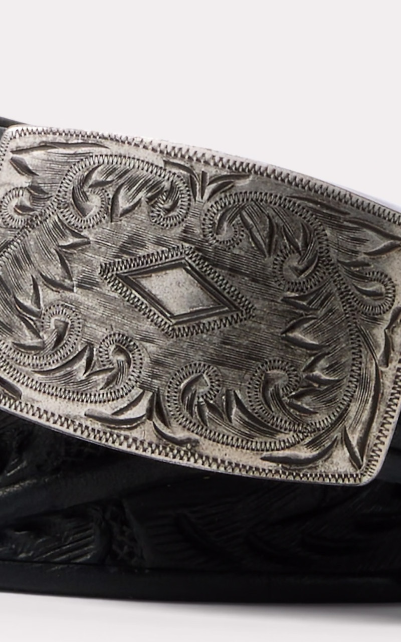 HAND-TOOLED LEATHER BELT BLACK - 4