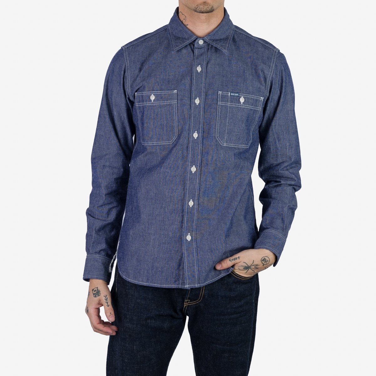 IHSH-363-NAV 10oz Organic Chambray Work Shirt - Navy Blue - 3