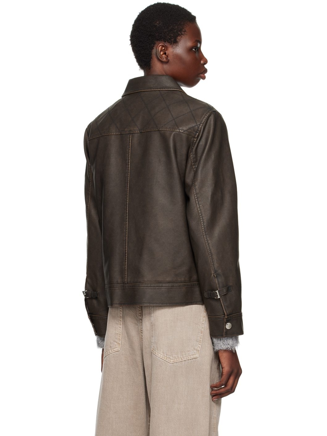 Brown Stitched Faux-Leather Jacket - 3
