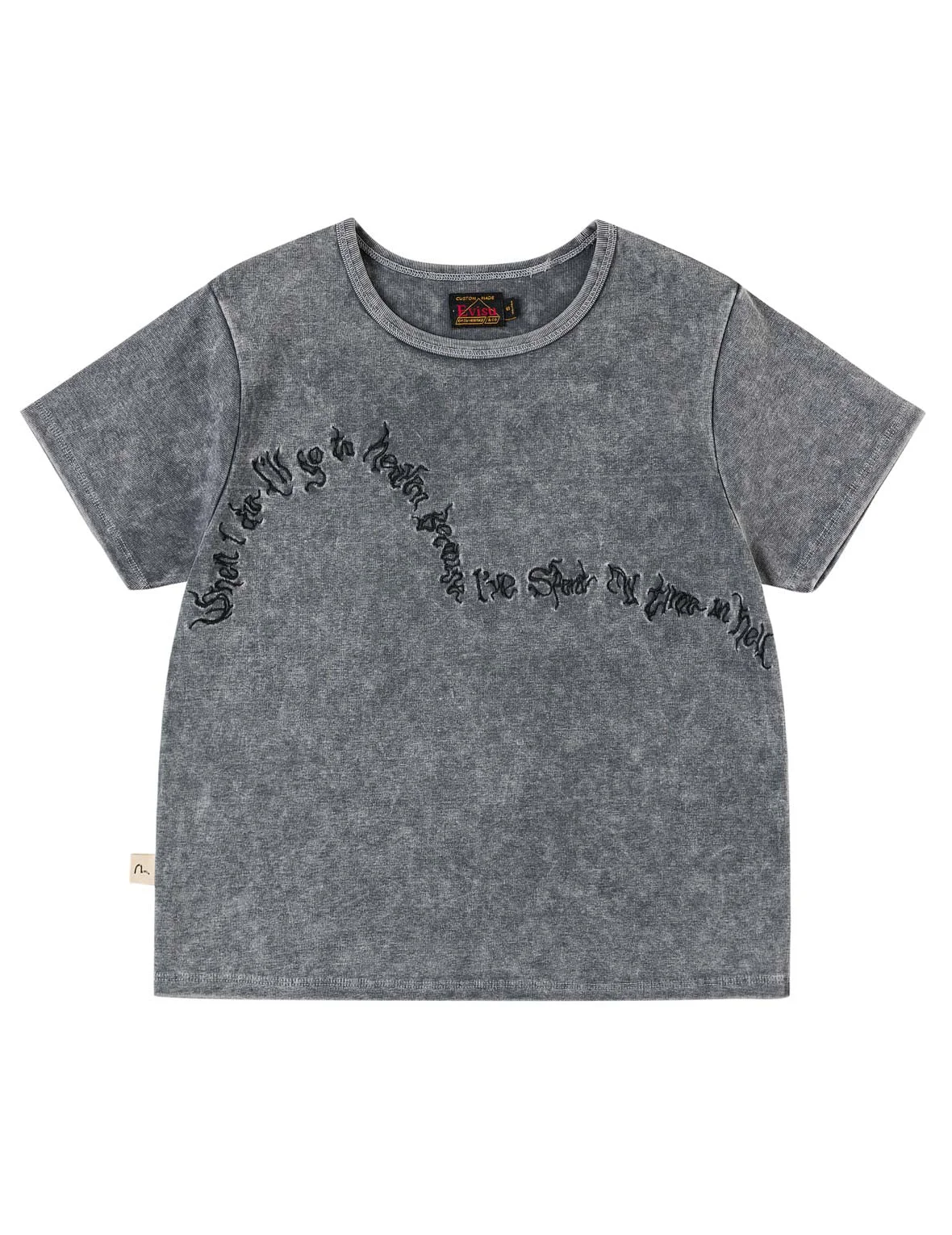 Slogan Seagull Embroidery Oil Wash T-shirt - 1