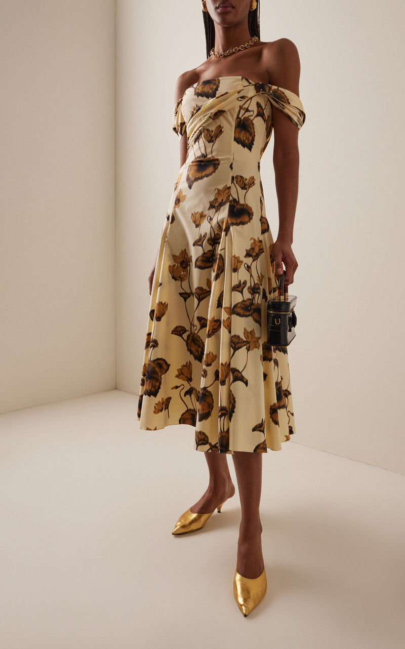 Oscar de la Renta Cyclamen Off-The-Shoulder Stretch-Cotton Midi Dress yellow outlook