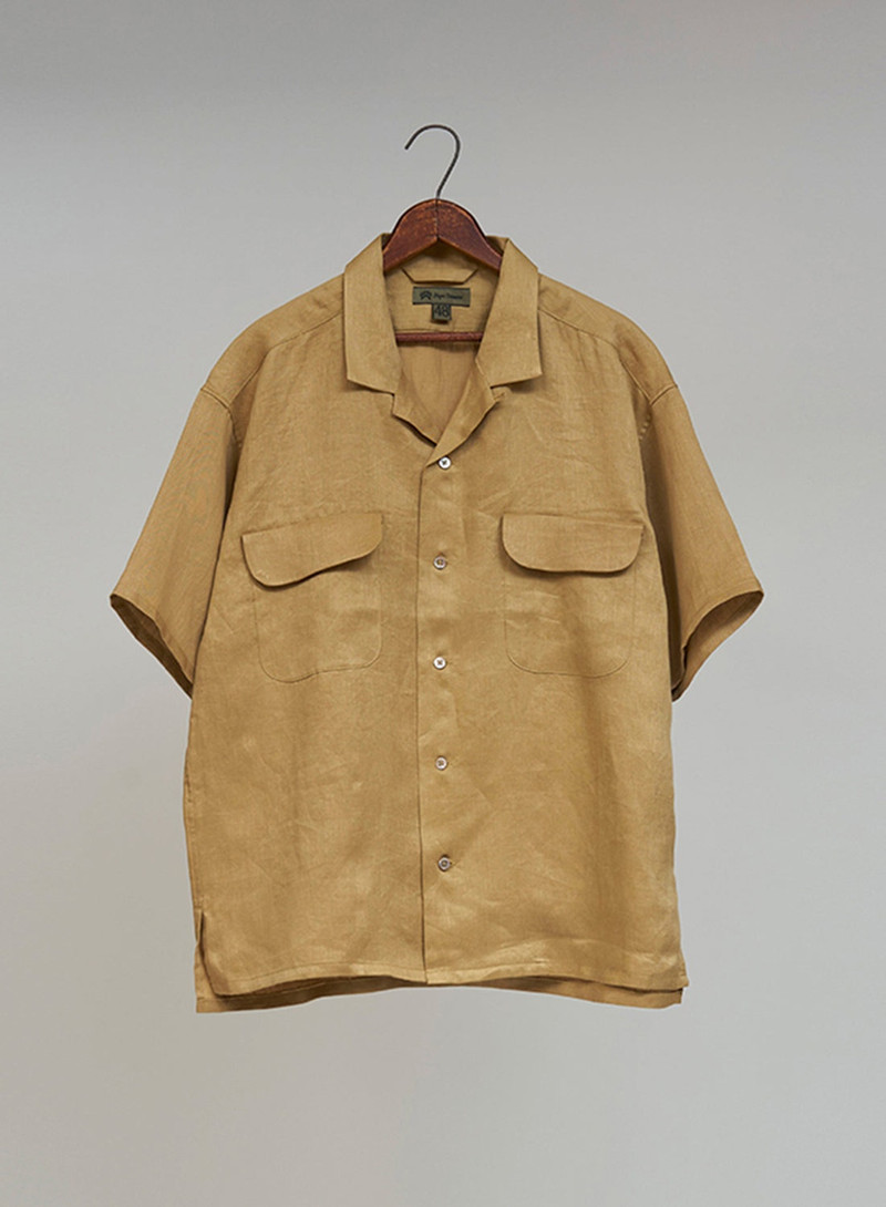 Open Collar Shirt Linen Twill in Khaki 1