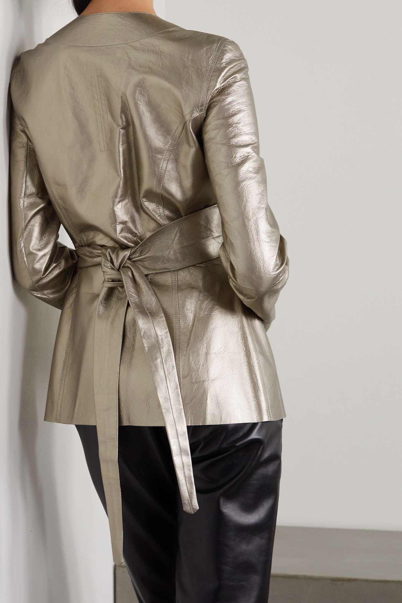 Metallic textured-leather wrap jacket - 4