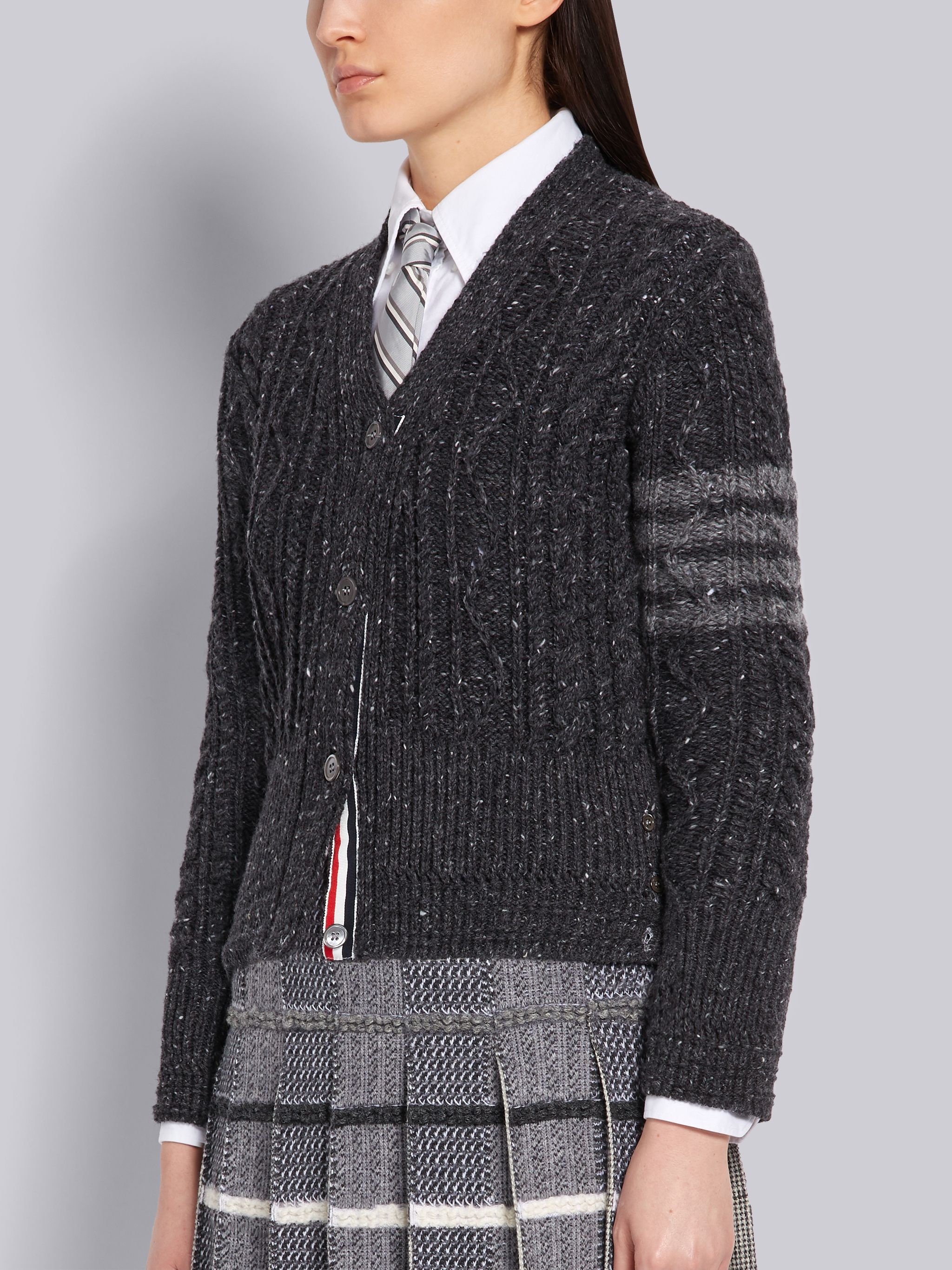 Dark Grey Mohair Wool Tweed Aran Cable Classic V-neck 4-Bar Cardigan - 2