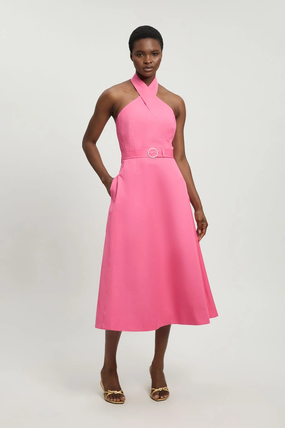 Petite Tailored Cotton Sateen Halter Full Midi Dress - 1