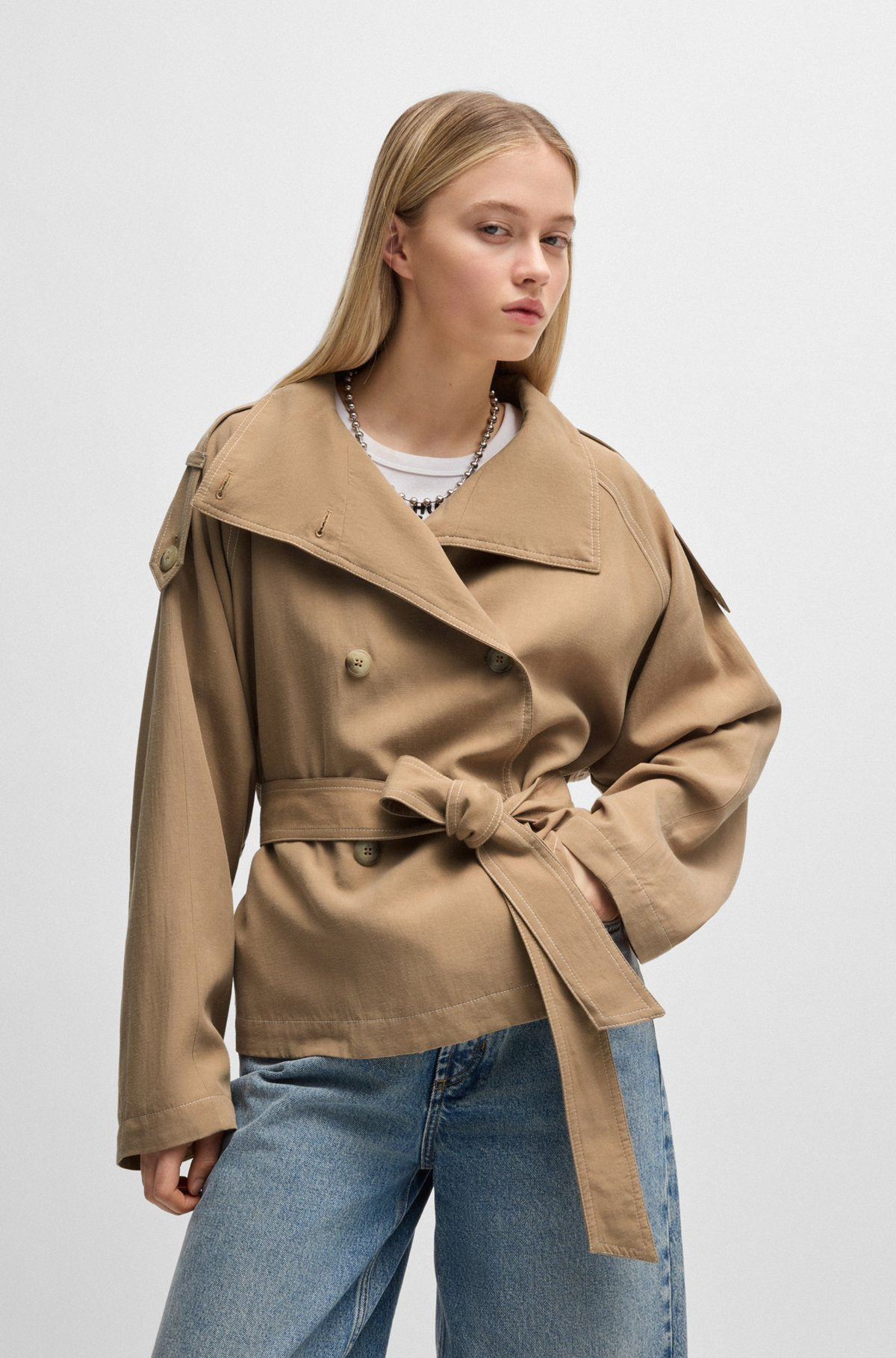 BELTED JACKET WITH STAND COLLAR AND CONTRAST STITCHING - 2
