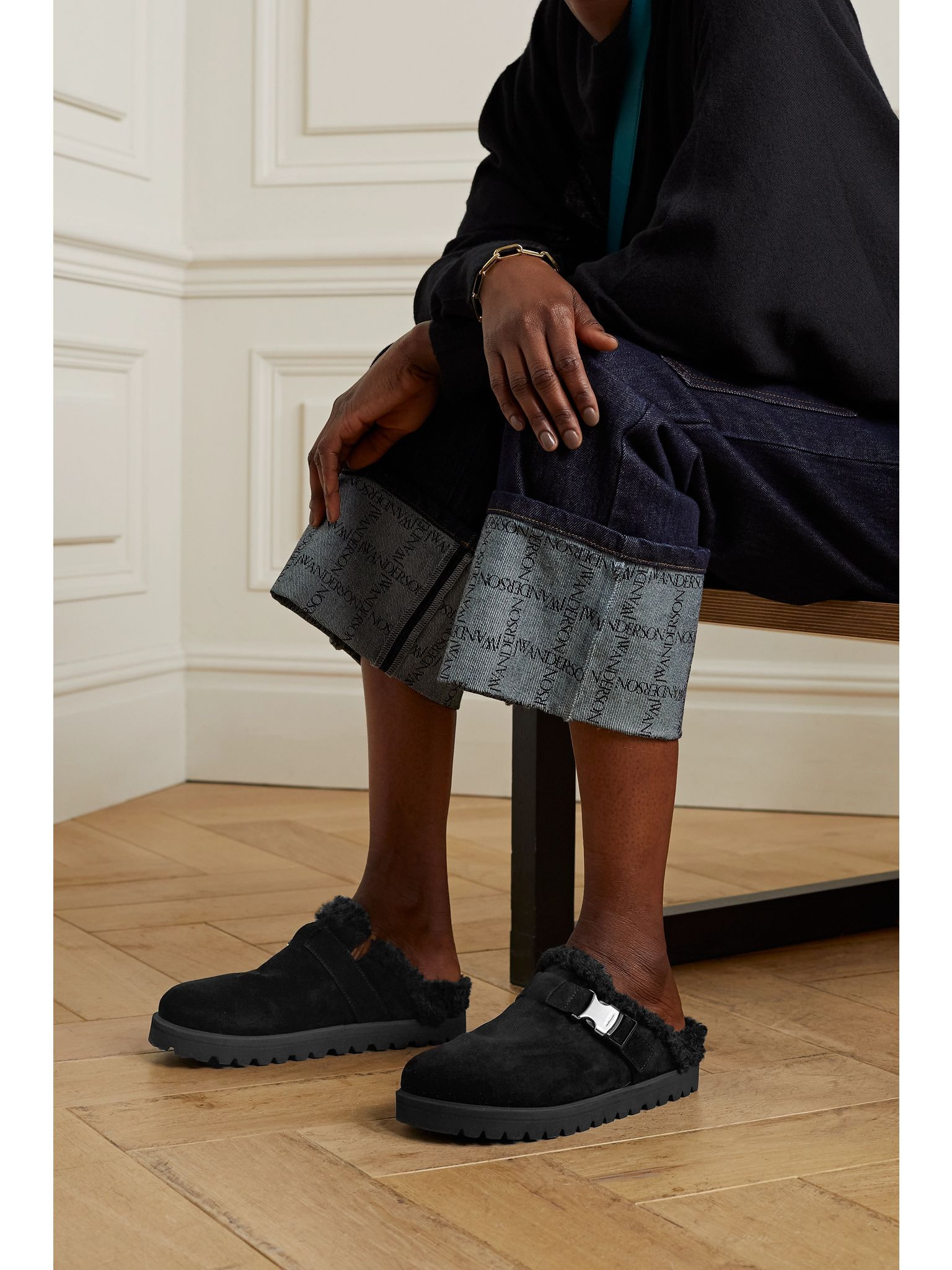 Mon faux shearling-lined suede mules Black - 2