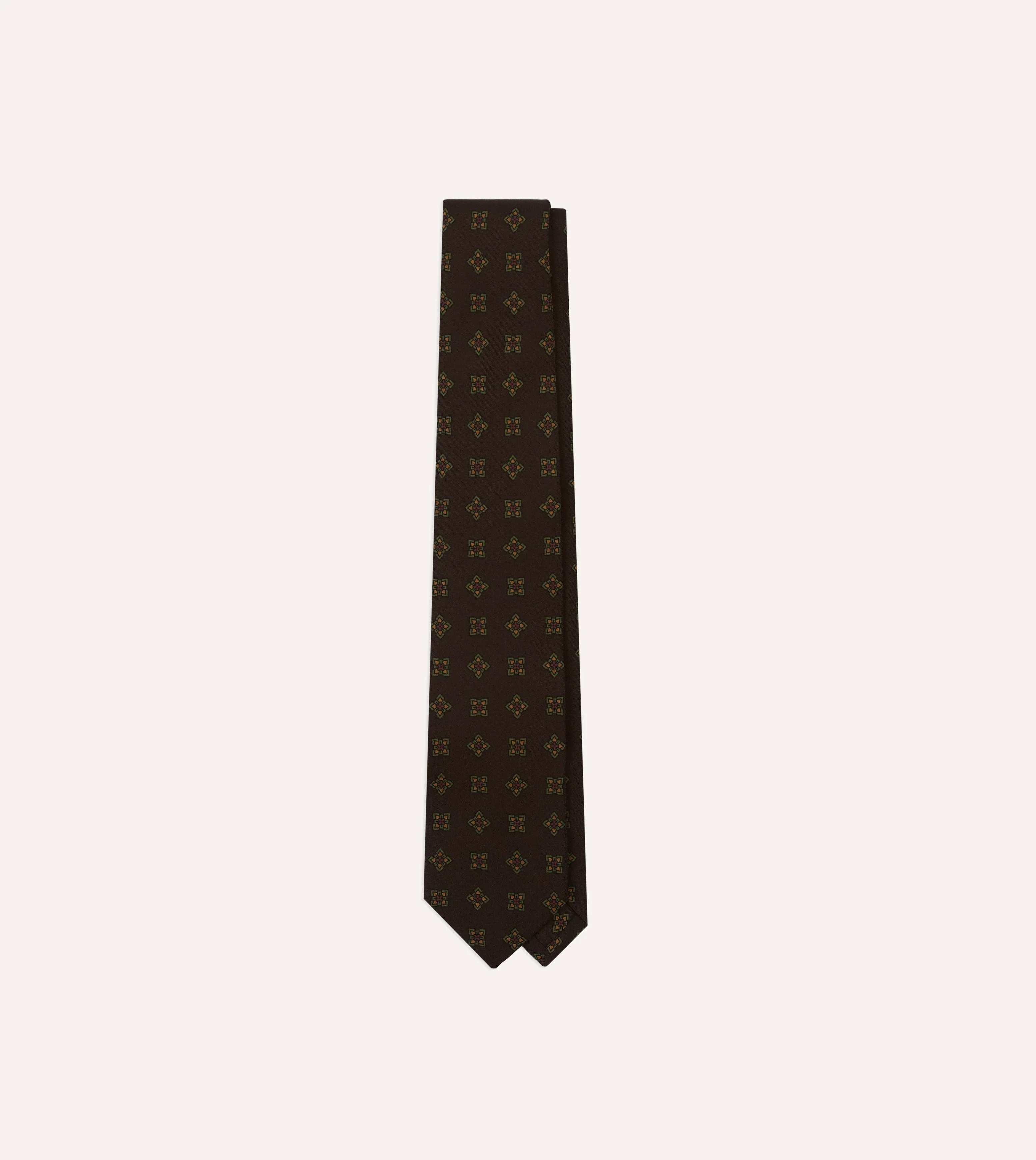 Brown Geometric Flowers Tile Print Silk Self-Tipped Tie - 1