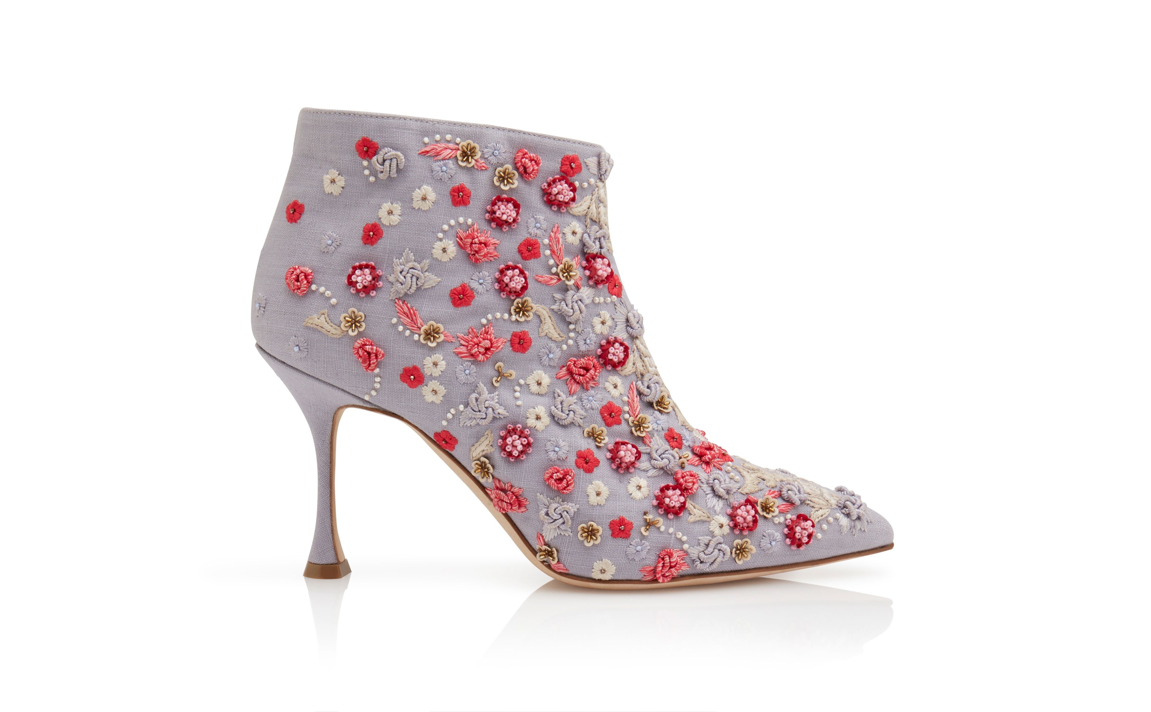 Grey Linen Embroidery Detail Boots - 1
