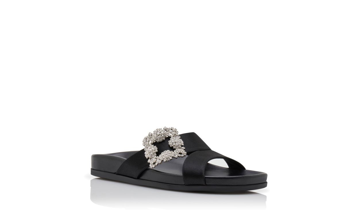 Black Satin Jewel Buckle Flat Mules - 3