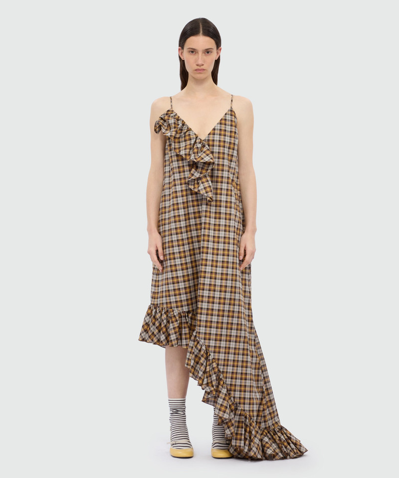 MSGM Brown asymmetrical midi dress in check cotton. outlook