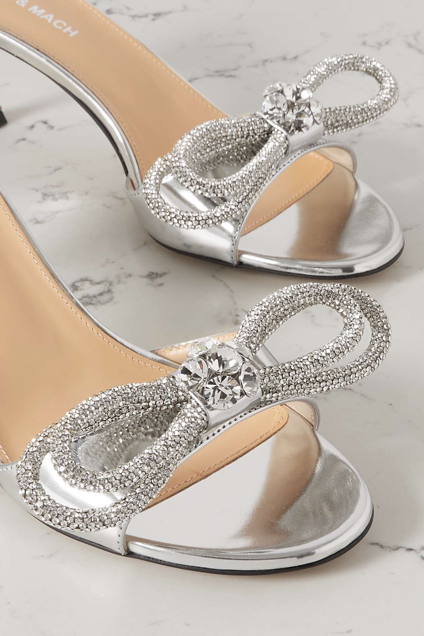 Double Bow crystal-embellished mirrored-leather mules - 4
