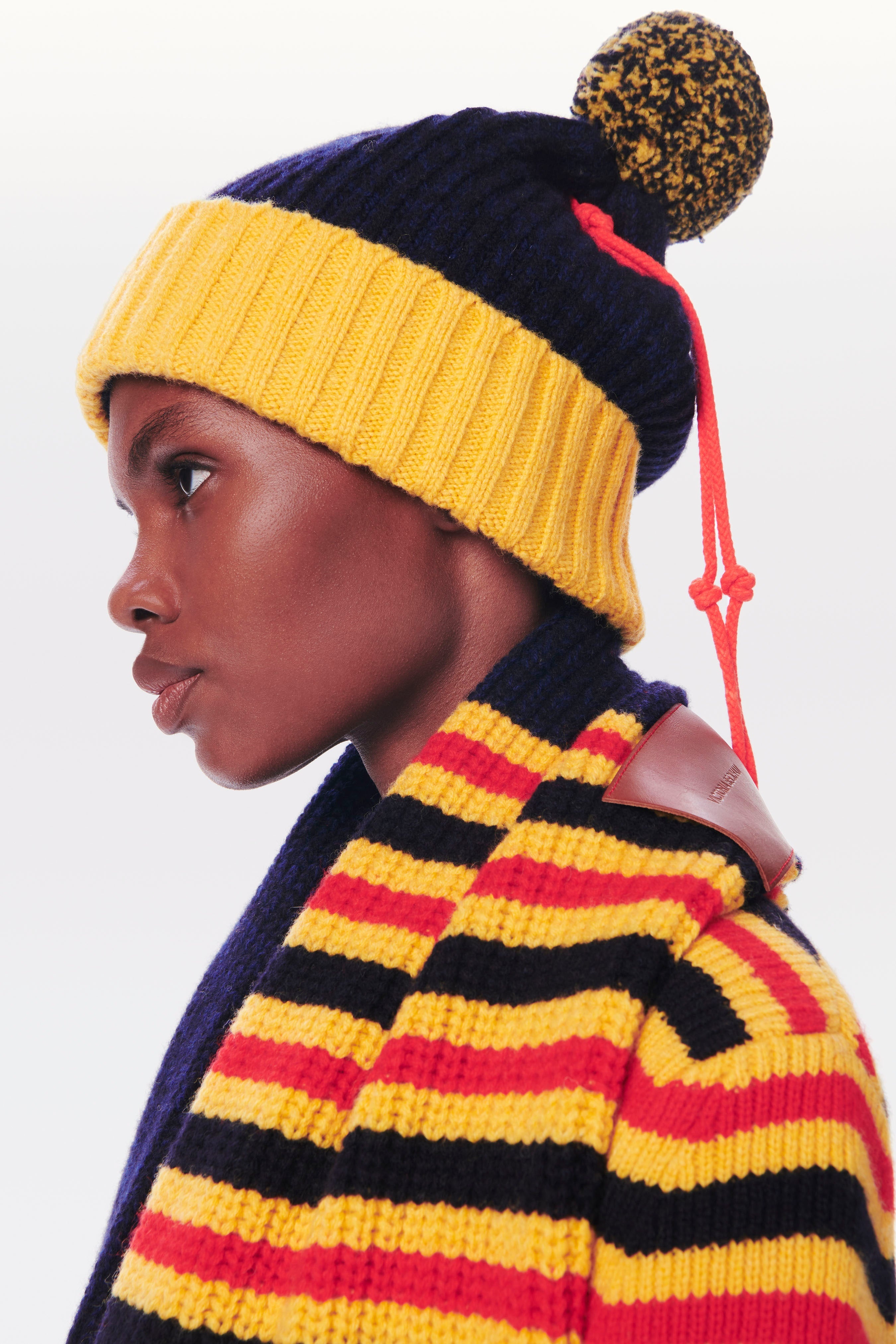 Pom Pom Hat in Navy & Yellow - 4