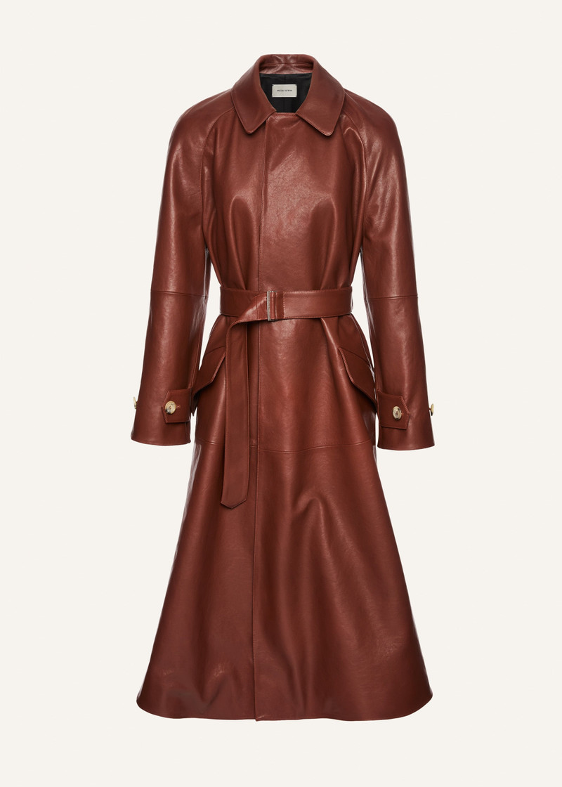 Belted leather trench coat in brown 1