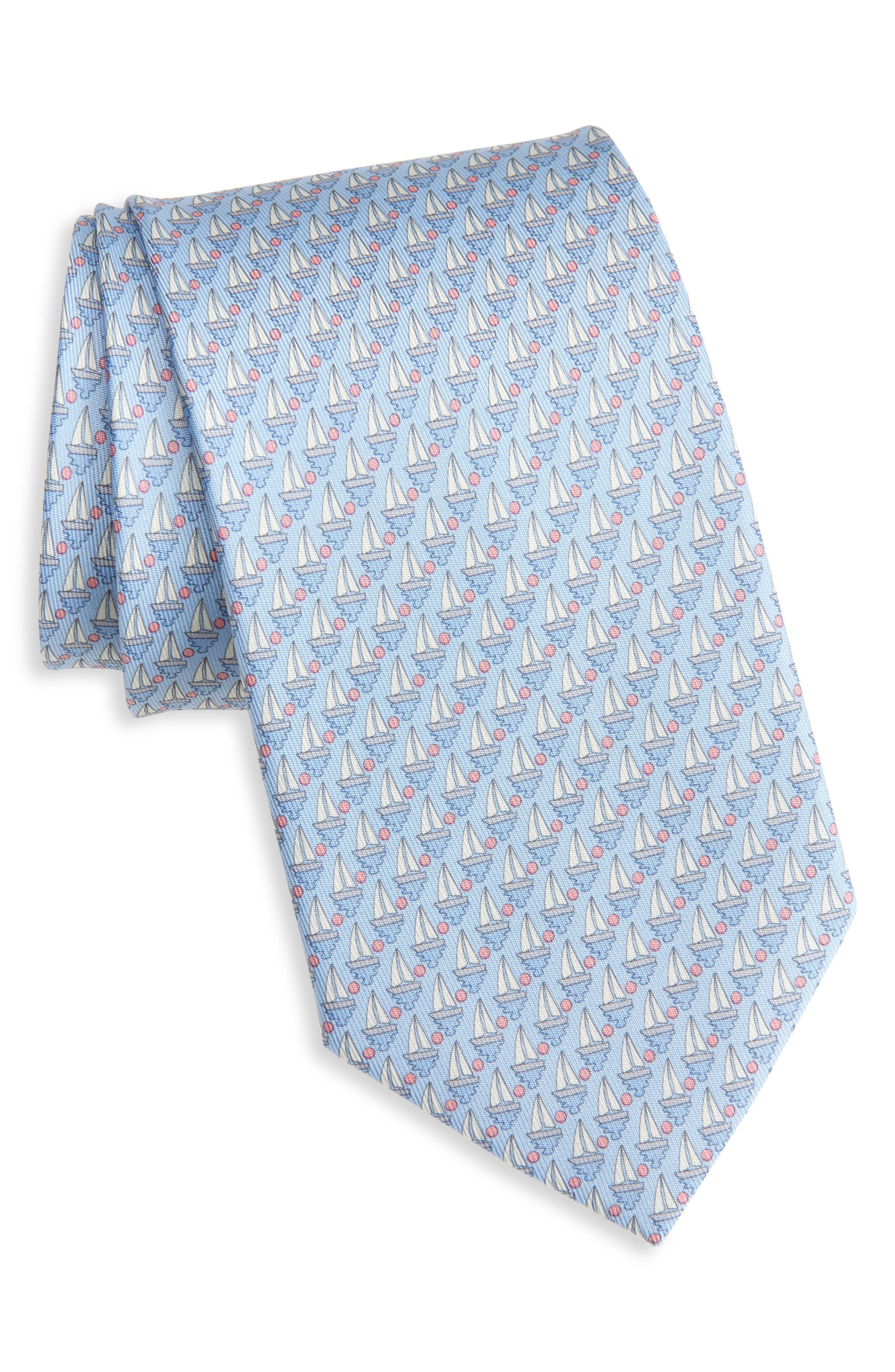 FERRAGAMO Alba Sailboat Print Silk Tie in Celeste at Nordstrom - 1
