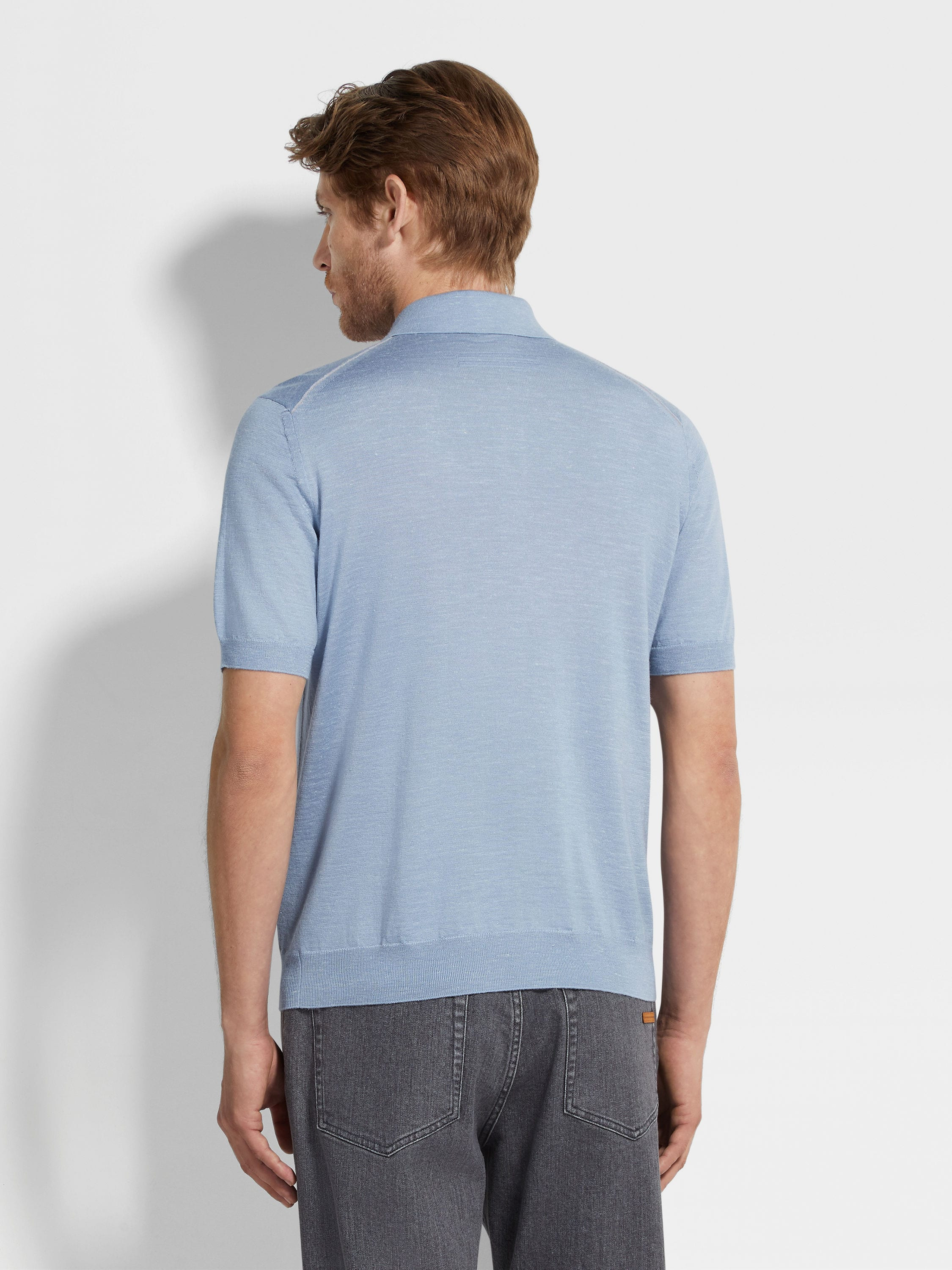 LIGHT BLUE MÉLANGE SILK CASHMERE AND LINEN POLO SHIRT - 5