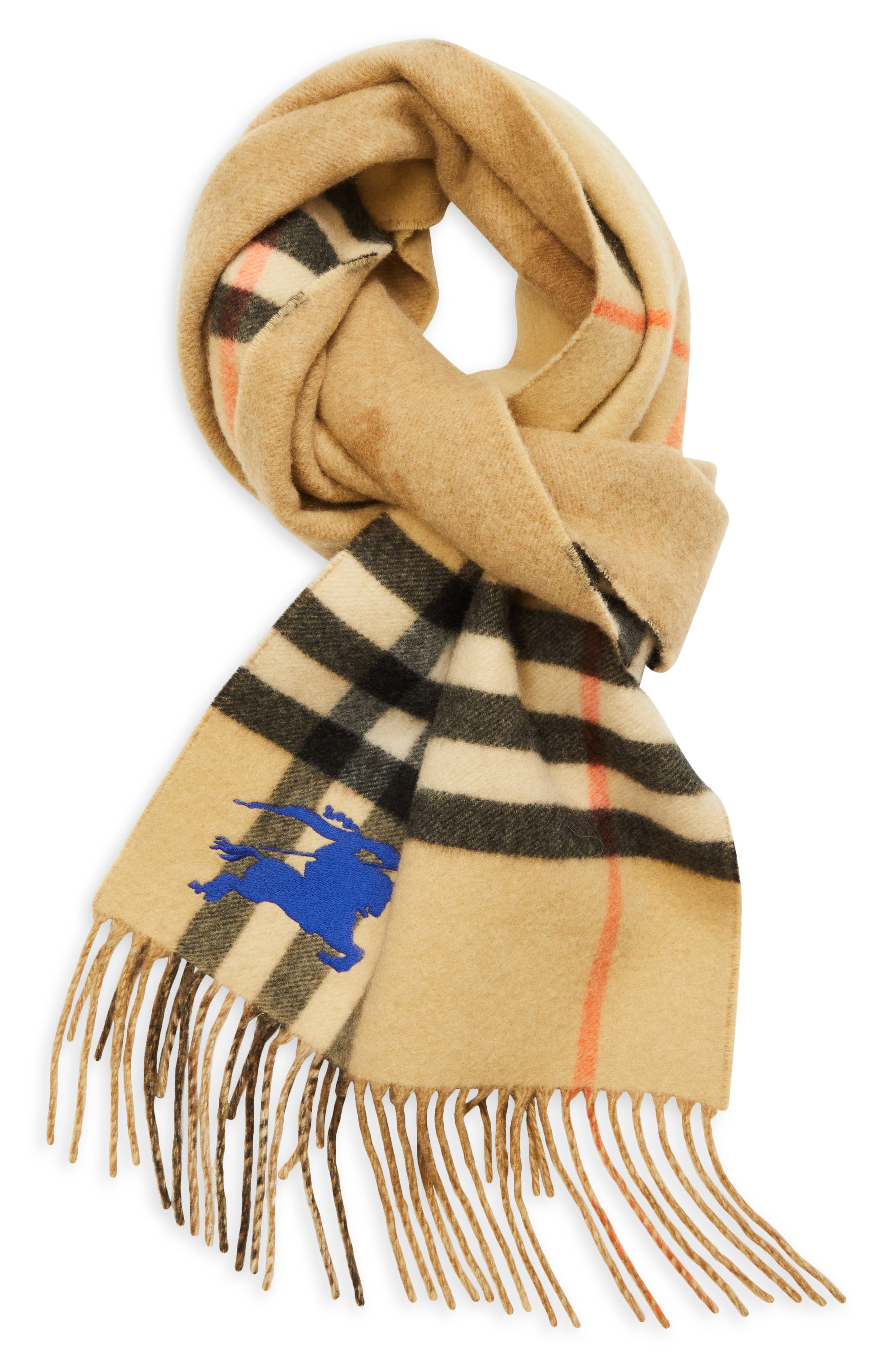 burberry Equestrian Knight Design Check Reversible Fringe Cashmere Scarf in Sand at Nordstrom - 3