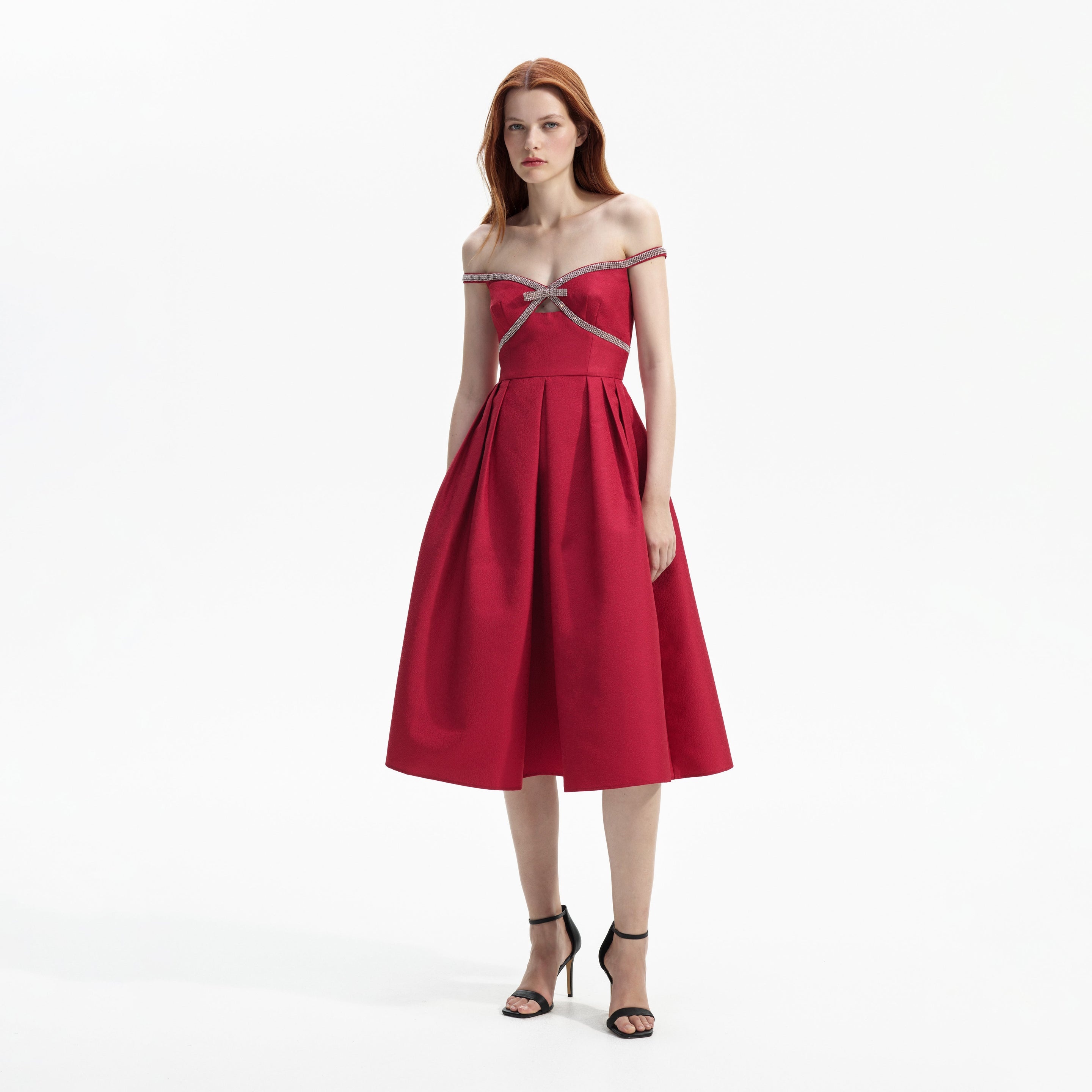 Red Textured Diamante Midi Dress - 2